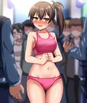  2girls absurdres bra breasts brown_eyes brown_hair collarbone cowboy_shot embarrassed eyebrows_visible_through_hair hair_between_eyes highres kaga_(kancolle) kantai_collection long_hair medium_breasts multiple_boys multiple_girls navel open_mouth panties pink_panties pink_sports_bra road side_ponytail sports_bra sports_panties street sweat sweatdrop underwear zanntetu zuikaku_(kancolle) 