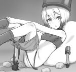  1girl absurdres ass blush breasts clothes_pull erica_hartmann eyebrows_visible_through_hair fankupl greyscale highres looking_at_viewer monochrome navel no_panties open_mouth short_hair shorts shorts_pull small_breasts solo sports_bra strike_witches world_witches_series 