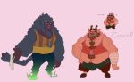  anthro balls_outline belly bulge chest_tuft clothing coach duo facial_piercing frown genital_outline haplorhine haxsmack hercules_(1997) hi_res horn looking_at_viewer male mammal mandrill monkey navel nose_piercing old_world_monkey overweight penis_outline philoctetes piercing primate satyr shirt tank_top topwear tuft 