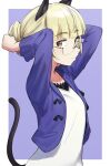  1girl absurdres animal_ears blonde_hair blush breasts cat_ears cat_tail closed_mouth collarbone eyebrows_visible_through_hair fankupl glasses highres looking_at_viewer looking_to_the_side perrine_h._clostermann shiny shiny_hair simple_background small_breasts smile solo strike_witches tail upper_body world_witches_series yellow_eyes 