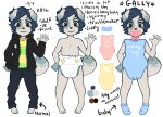  2016 ambiguous_gender anthro archived_source clothing diaper digital_drawing_(artwork) digital_media_(artwork) dipstick_ears dipstick_tail english_text fur gally_(monsterbunny) hair jacket markings model_sheet monsterbunny multicolored_ears onesie pacifier shirt solo tail_markings text topwear young 