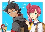  1girl 2boys ash_ketchum backpack bag black_hair blue_background blue_eyes braid chibi chloe_(pokemon) dark_skin eyebrows_visible_through_hair goh_(pokemon) green_eyes hat hinata_(ryohinata) holding multiple_boys on_shoulder open_mouth pikachu pokemon pokemon_(anime) pokemon_(creature) side_braid sweat symbol-only_commentary 