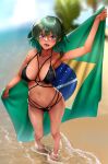  1girl :d arm_up bangs beach bikini black_bikini blurry blurry_background brazilian_flag collarbone commentary_request day depth_of_field eyebrows_visible_through_hair flag full_body green_hair hair_between_eyes highres holding holding_flag knees legs light_blush looking_at_viewer medium_hair navel nohito open_mouth original outdoors purple_eyes sidelocks smile solo standing sunlight swimsuit tan tongue tree water wet 