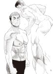  1boy abs absurdres armpits ass bara blush chabashira_tatsukichi collage cropped_legs frown greyscale highres large_pectorals looking_at_viewer male_focus monochrome muscular muscular_male navel nipples original pectorals short_hair sideburns stomach sweat topless_male 