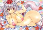  1girl animal_ears bikini blush bottomless breasts hat inubashiri_momiji red_eyes short_hair silver_hair solo swimsuit tail thighhighs tokin_hat touhou twobee wolf_ears wolf_tail 