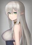  1girl bare_shoulders bright_pupils closed_mouth elf green_eyes grey_background grey_hair hair_between_eyes janoukyo19 long_hair original pointy_ears single_bare_shoulder solo upper_body white_pupils 