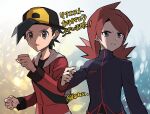  2boys backpack backwards_hat bag bangs baseball_cap black_hair closed_mouth commentary_request ethan_(pokemon) grey_bag grey_eyes hand_up hat i_g1ax jacket long_hair long_sleeves male_focus multiple_boys open_mouth pokemon pokemon_(game) pokemon_hgss red_hair red_jacket short_hair silver_(pokemon) tongue translation_request turtleneck turtleneck_jacket 