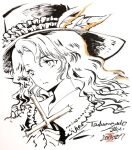 1girl commentary_request dated face fedora frilled_hat frills hat hat_feather jacket_girl_(dipp) long_hair looking_away monochrome signature touhou tsubameyado vest wavy_hair 