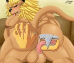  anal anus balls bandai_namco blonde_hair blue_eyes blush digimon digimon_(species) duo genitals hair leomon looking_pleasured male male/male mane oral rimming sex wargreymon zuwardo 