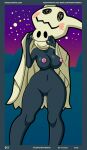  2021 absurd_res anthro anthrofied big_breasts black_body blush bodily_fluids breasts clothed clothing costume female flashing genital_fluids genitals hi_res looking_at_viewer lunaris_parukia mimikyu navel night nintendo nipples outside partially_clothed pok&eacute;mon pok&eacute;mon_(species) pok&eacute;morph pussy pussy_juice solo text url video_games 