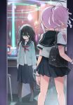  2girls bag black_hair bracelet chair chloe_withers gloves goggles high_ponytail highres holding homura_subaru jewelry lillian_ljungstrom messy_hair miniskirt multiple_girls original pantyhose pink_hair room school_uniform skirt standing table walk-in 