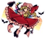  1girl ascot bat_wings blonde_hair blush bow crystal flandre_scarlet frilled_shirt frilled_shirt_collar frilled_skirt frilled_sleeves frills hat hat_ribbon highres long_hair looking_at_viewer mob_cap puffy_sleeves red_bow red_eyes red_ribbon ribbon shirt short_hair short_sleeves side_ponytail skirt solo touhou wings yellow_ascot yuka_yukiusa 