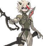  1girl belt blonde_hair brown_eyes collarbone cosplay grey_background hair_between_eyes highres holding holding_sword holding_weapon kill_la_kill maddoxfanx metal_gear_(series) metal_gear_solid_4 multicolored_hair open_mouth pouch raiden_(metal_gear) raiden_(metal_gear)_(cosplay) red_hair scabbard scissor_blade senketsu sheath short_hair simple_background sketch solo streaked_hair sword teeth thigh_pouch thigh_strap tongue unsheathed weapon 