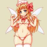  1girl bangs bikini blonde_hair blue_eyes bow bowtie breasts brown_background cameltoe capelet cleavage closed_mouth cowboy_shot eyebrows_visible_through_hair fairy_wings groin hair_bow kaabon_meshi lily_white long_hair looking_at_viewer navel red_bow red_bowtie simple_background skindentation small_breasts smile solo standing swimsuit thighhighs thighs touhou white_bikini white_capelet white_headwear white_legwear white_wings wings 