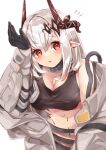  1girl :o ^^^ arknights bangs bare_shoulders black_gloves blush breasts cleavage collar cowboy_shot earrings eyebrows_visible_through_hair gloves hand_up horns infection_monitor_(arknights) jewelry large_breasts long_sleeves looking_at_viewer mudrock_(arknights) navel no_panties notice_lines off_shoulder open_clothes open_mouth oripathy_lesion_(arknights) pointy_ears red_eyes simple_background solo sports_bra sweat tsuyuki_yuki white_background 