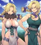  1girl bangs bare_arms bare_shoulders blonde_hair blue_eyes blue_sky bow braid breasts cleavage closed_mouth cloud cloudy_sky commentary_request day dr._stone dress forest fur_collar green_dress hair_bow hanada_nikki hand_on_hip highres large_breasts lips looking_at_viewer murata_tefu muscular muscular_female nature outdoors parted_bangs pelvic_curtain shiny shiny_hair shiny_skin signature simple_background sky sleeveless smile thighs tied_hair twin_braids twintails white_dress 