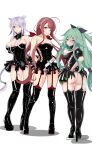  3girls absurdres ass bajitohfu blue_eyes boots breasts cleavage garter_straps green_hair hair_flaps highres kantai_collection kawakaze_(kancolle) large_breasts latex latex_boots long_hair medium_breasts multiple_girls red_hair simple_background small_breasts umikaze_(kancolle) white_hair yamakaze_(kancolle) 