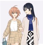  2girls ahoge artist_name bag black_hair coat feet_out_of_frame highres holding holding_bag interlocked_fingers jewelry koito_yuu multiple_girls nanami_touko necklace nyamo open_mouth orange_hair pants simple_background skirt sweater yagate_kimi_ni_naru 