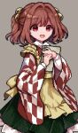  1girl apron bell book character_name checkered checkered_clothes checkered_kimono checkered_shirt commentary_request hair_bell hair_ornament happy holding holding_book japanese_clothes jingle_bell kimono motoori_kosuzu open_mouth pixel_art red_eyes red_hair risui_(suzu_rks) shirt short_hair touhou twintails two_side_up yellow_apron 
