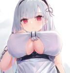  1girl absurdres apron azur_lane black_hairband breasts center_frills chain clothing_cutout covered_nipples dido_(azur_lane) eyebrows_visible_through_hair frills from_below hairband highres large_breasts long_hair looking_at_viewer looking_down lshiki red_eyes shirt simple_background solo underboob underboob_cutout white_apron white_background white_hair white_shirt 