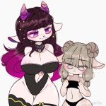  anthro areola big_breasts bovid breasts caprine ch4ng3 cleavage clothed clothing duo female larger_female mammal simple_background size_difference smaller_female thick_thighs white_background wide_hips 