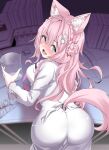  1girl absurdres ass beaker blush book book_stack condom condom_packet_strip condom_wrapper coyote_ears coyote_girl coyote_tail hakui_koyori highres hololive looking_back mcp150_plus pink_hair purple_eyes table test_tube virtual_youtuber 