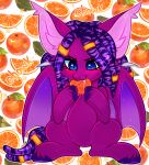  absurd_res bat_pony bat_wings big_ears blue_eyes blush bodily_fluids ear_tuft equid fangs female feral food fruit hasbro hi_res hooves inner_ear_fluff looking_down mammal membrane_(anatomy) membranous_wings my_little_pony orange_(fruit) pesty_skillengton plant pupils purple_body saliva slit_pupils smile tuft wing_claws wings 