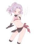  1girl blade_(galaxist) commentary_request flat_chest highres holding holding_weapon kunai kunoichi_tsubaki_no_mune_no_uchi looking_at_viewer midriff navel ninja open_mouth ponytail purple_hair red_eyes sazanka_(kunoichi_tsubaki_no_mune_no_uchi) short_hair solo standing thighs translation_request weapon 