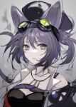  1girl animal_ears arknights bangs bare_shoulders breasts cat_ears cleavage cleavage_cutout clothing_cutout commentary_request goggles goggles_on_head grey_background hair_between_eyes highres jewelry large_breasts looking_at_viewer necklace off_shoulder one_side_up parted_lips purple_eyes purple_hair qianzhu rockrock_(arknights) short_hair solo upper_body 
