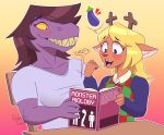  &lt;3 2021 anthro blonde_hair blue_eyes blush book brown_body brown_hair cervid class clothed clothing deltarune digital_drawing_(artwork) digital_media_(artwork) dinosaur duo eggplant emoji epileptic_goat female female/female food fruit fur hair hi_res humanoid intersex intersex/female mammal noelle_holiday onomatopoeia open_mouth plant purple_body reptile scalie sharp_teeth signature simple_background sitting smile sound_effects standing surprise susie_(deltarune) teeth text undertale_(series) video_games watermark yellow_eyes 