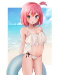  1girl beauty_(bobobo-bo_bo-bobo) bikini blue_eyes blush bobobo-bo_bo-bobo breasts cleavage cloud collarbone earrings eyebrows_visible_through_hair eyes_visible_through_hair highres innertube jewelry looking_at_viewer navel open_mouth pakimoti pink_hair side-tie_bikini side_ponytail small_breasts swimsuit white_swimsuit 