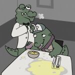  absurd_res alligator alligatorid anthro argon_vile blush bodily_fluids bottomless bottomless_male bow_tie bowl breakfast breath bub_(later_alligator) cereal clothed clothing container crocodilian duo food furniture genital_fluids genitals handjob hat headgear headwear hi_res later_alligator male male/male one_eye_closed pat_(later_alligator) penile penis reptile restaurant scalie sex silverware table urine urine_drip urine_in_bowl urine_stain waiter watersports 