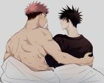  2boys absurdres back bed bed_sheet black_hair black_shirt brown_eyes covering_mouth from_behind fushiguro_megumi green_eyes hand_on_another&#039;s_mouth highres itadori_yuuji jujutsu_kaisen looking_at_another male_focus multicolored_hair multiple_boys muscular muscular_male pink_hair shirt short_hair sitting somwang_07 spiked_hair topless_male two-tone_hair undercut yaoi 