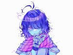  1other armor bandaid bandaid_on_arm blue_hair blue_skin colored_skin deltarune fingerless_gloves g_c_hori gloves hand_up highres kris_(deltarune) looking_at_viewer medium_hair pink_nails pink_scarf purple_eyes scarf simple_background solo upper_body white_background 