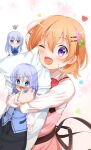  2girls blue_eyes blue_hair blush closed_mouth collared_shirt dakimakura_(object) eyebrows_visible_through_hair gochuumon_wa_usagi_desu_ka? hair_between_eyes hair_ornament hairclip heart highres hoto_cocoa kafuu_chino long_hair long_sleeves mika_miche multiple_girls one_eye_closed open_mouth orange_hair pillow pout purple_eyes rabbit_house_uniform shirt short_hair smile white_shirt x_hair_ornament 