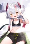  1girl bare_arms bare_shoulders black_shorts demon_girl demon_horns fangs flat_chest gradient_hair highres horns looking_at_viewer multicolored_hair navel noi_mine original red_hair red_horns shorts silver_hair sitting solo sports_bra sportswear stomach yellow_eyes 