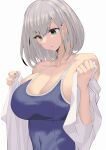  1girl bangs bare_shoulders blue_swimsuit breasts collarbone commentary covered_navel eyebrows_visible_through_hair green_eyes hands_up highres hololive huge_breasts looking_down no_nose one-piece_swimsuit open_clothes open_shirt parted_lips satou_daiji shirogane_noel shirt silver_hair simple_background skindentation solo swimsuit upper_body virtual_youtuber white_background white_shirt 