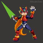  animated animated_gif cape clenched_hand energy_sword full_body grey_background helmet henshin holding holding_sword holding_weapon joey_boudin lightsaber mega_man_(series) mega_man_zero pixel_art robot standing sword twitter_username weapon yellow_cape zero_(mega_man) 