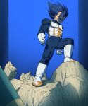  1boy absurdres armor bakarott battle_damage boots clenched_hands closed_mouth dark_blue_hair dragon_ball dragon_ball_super full_body gloves highres male_focus serious solo spiked_hair standing super_saiyan super_saiyan_blue super_saiyan_blue_evolved vegeta white_footwear white_gloves 