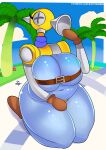  2022 alternate_species big_breasts blue_body blue_sky breast_squish breasts chubby_female duo f.l.u.d.d. fecharis female front_view full-length_portrait goomba hi_res humanoid humanoidized kneeling mario_bros nintendo not_furry outside palm_tree plant portrait rizkitsuneki sky slightly_chubby solo_focus squish thick_thighs tree video_games 