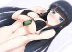  1girl bamboo bangs bare_shoulders between_breasts bikini black_bikini black_hair blue_eyes blunt_bangs blush breasts closed_mouth commentary_request covered_nipples dutch_angle eyebrows_visible_through_hair glint hand_up ikaruga_(senran_kagura) kageira large_breasts long_hair looking_at_viewer looking_down navel senran_kagura senran_kagura_shoujo-tachi_no_shin&#039;ei sidelocks solo swimsuit upper_body 