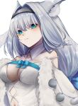  1girl absurdres alice_0331 animal_ear_fluff animal_ears blue_eyes blue_ribbon breasts cleavage clothing_cutout collar detached_collar dobrynya_nikitich_(fate) dress eyebrows_visible_through_hair fate/grand_order fate_(series) fur_trim hair_between_eyes hair_intakes hairband highres large_breasts long_hair navel navel_cutout ribbon silver_hair strap_slip white_background white_collar white_dress 