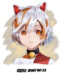  1girl :3 animal_ears bangs bell calico cat_ears cat_girl character_name commentary_request face gold goutokuji_mike highres jichou_senshi jingle_bell maneki-neko multicolored_hair multicolored_shirt neck_bell short_hair streaked_hair touhou white_hair 