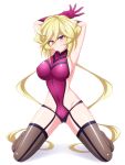  1girl armpits arms_up blonde_hair blue_eyes blush breasts carol_malus_dienheim covered_navel elbow_gloves garter_straps gloves large_breasts leotard long_hair mole mole_under_eye older purple_leotard senki_zesshou_symphogear shiny shiny_hair shiny_skin side_cutout sideless_outfit simple_background skin_tight smile solo thighhighs white_background zetsumu 