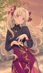  1girl ahoge bangs blonde_hair bow clothing_request cowboy_shot dot_nose earrings ereshkigal_(fate) ereshkigal_(youming_niangniang)_(fate) fate/grand_order fate_(series) folding_fan hair_bow hand_fan head_tilt high_collar holding holding_fan imigimuru jewelry long_sleeves looking_at_viewer official_art outdoors own_hands_together parted_bangs parted_lips red_bow red_eyes red_nails red_skirt skirt sky solo standing tassel third-party_source tree two_side_up water 