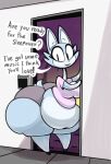  2018 anthro belly big_belly big_breasts big_butt bottom_heavy breasts butt catrobis clothed clothing dialogue digital_media_(artwork) english_text felid female hi_res huge_butt huge_hips huge_thighs looking_at_viewer maddeku mammal overweight overweight_female solo speech_bubble text thick_thighs x-38_(maddeku) 