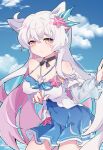  1girl absurdres bangs bare_shoulders blue_sky closed_mouth cloud cloudy_sky dress hair_ornament highres honkai_(series) honkai_impact_3rd jiumiao kiana_kaslana kiana_kaslana_(herrscher_of_the_void) long_hair looking_at_viewer outdoors sky solo starfish_hair_ornament summer_uniform sundress swimsuit white_hair yellow_eyes 