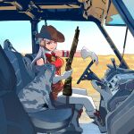  1girl absurdres armband bangs boots bow bowtie breasts car car_interior cowboy_hat dog gloves gold_ship_(umamusume) grey_hair ground_vehicle gun hat highres holding holding_gun holding_weapon horizon jacket large_breasts long_hair looking_at_viewer motor_vehicle open_clothes pants purple_eyes red_bow red_bowtie red_jacket shotgun sitting sleeveless sleeveless_jacket smile solo steering_wheel umamusume weapon white_footwear white_gloves white_pants yumenotsuzuki 