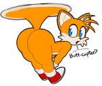  2_tails acstlu anthro big_butt blue_eyes butt canid canine dialogue english_text fox fur hi_res male mammal miles_prower multi_tail open_mouth orange_body orange_fur sega solo sonic_the_hedgehog_(series) text thick_thighs 