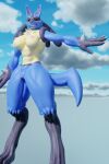  3d_(artwork) anthro areola blender_(software) blue_body blue_fur breasts chocoscorner daemonanimated digital_media_(artwork) female fur genitals grin hi_res lucario muscular nails nintendo nipples nude pink_nipples pok&eacute;mon pok&eacute;mon_(species) pussy red_eyes sky smile solo teeth video_games yellow_body 